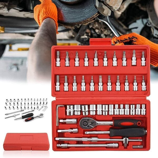 46 in 1 Pcs Tool Kit 1/4-Inch Metric Drive Socket Set, Drive Socket Ratchet Wrench Combination Tools Kit for Auto Car Repair Tool Box